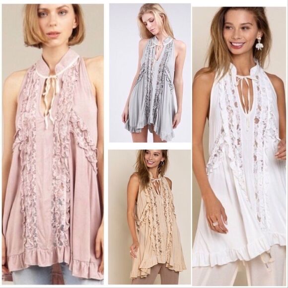 𝅺BOHO Sleeveless Swing Top with Lace - Picture 2 of 13